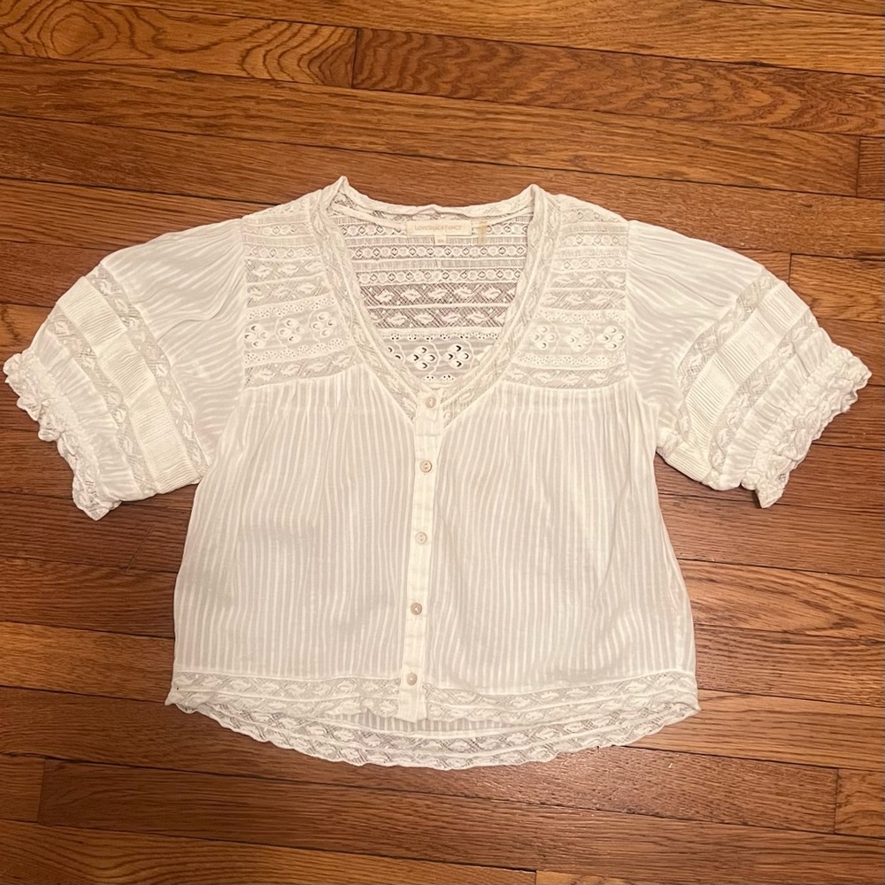 LoveShackFancy Lace Short Sleeve Button White Cotton Top. Size XS